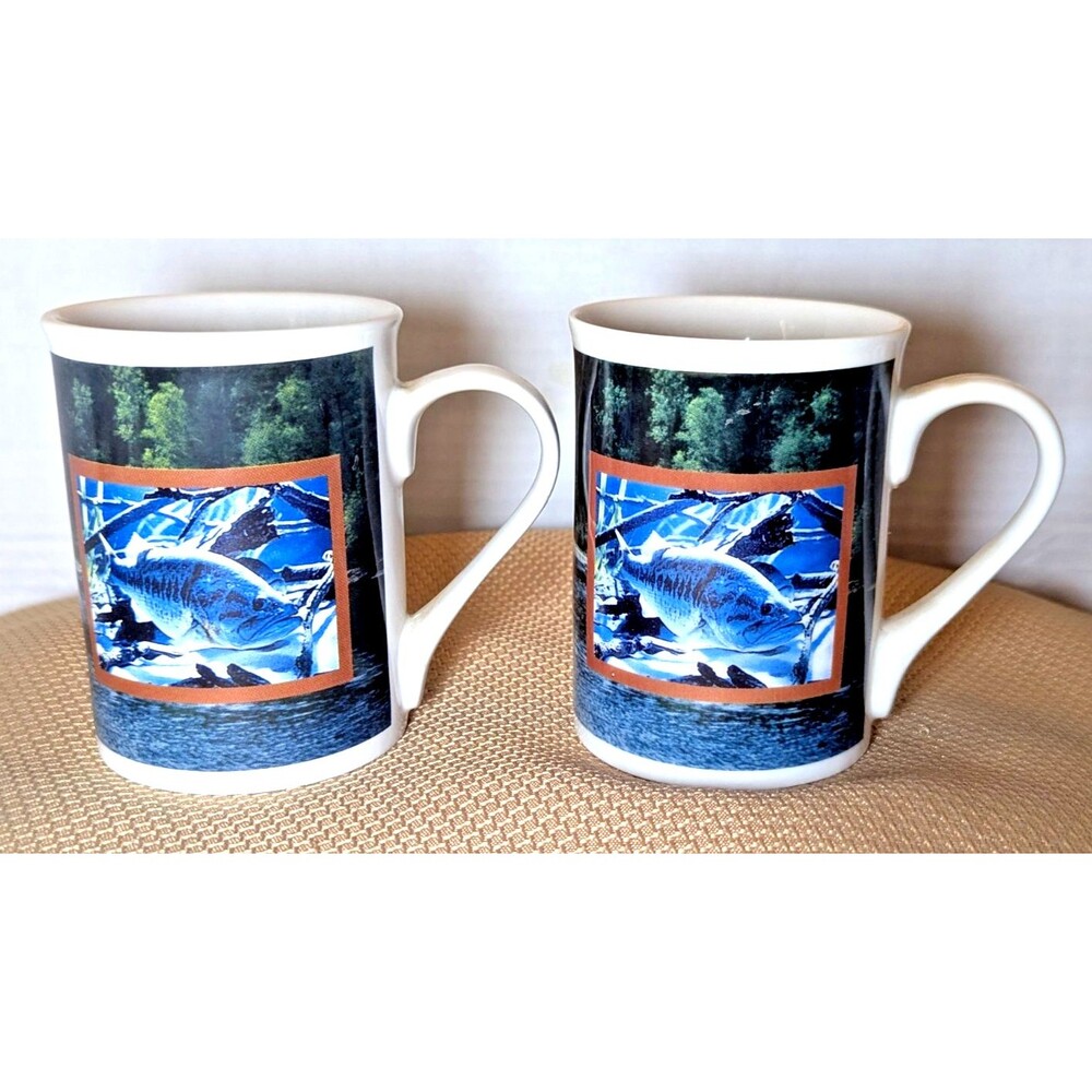 Largemouth Bass Fish Coffee Mugs 2-pc Cups Ceramic 4 x 3-in 8-oz Fisherman Gift